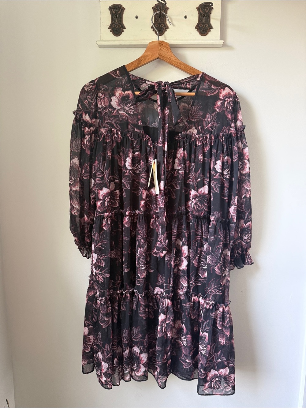 Ted Baker Black Midi Dress with Pink Floral Print Boho Casual  Feminine Girlcore - Picture 3 of 8